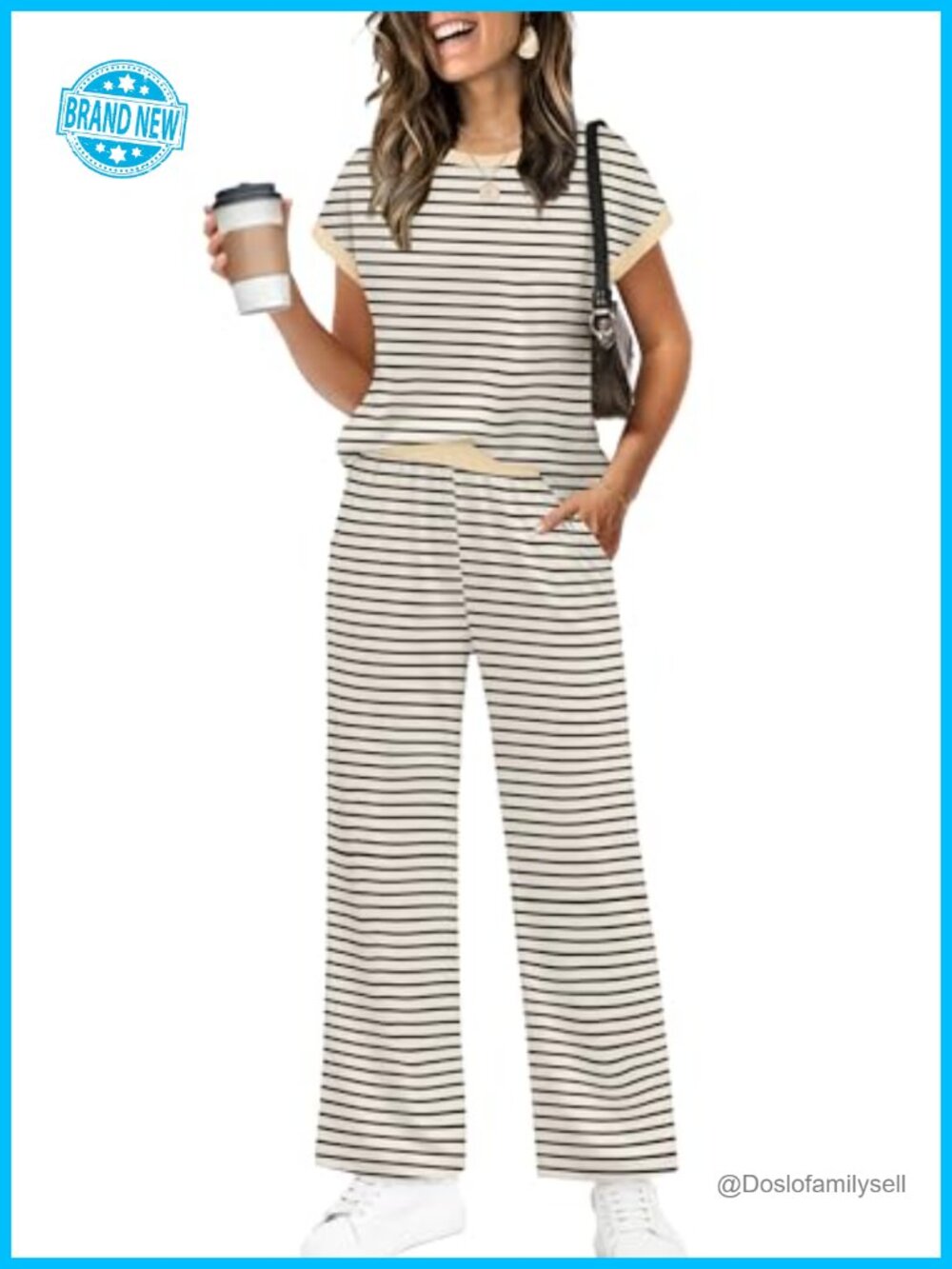 Two Piece Lounge Set Crew Neck Tee Wide Leg Pants Travel Beach Vacation Outfit